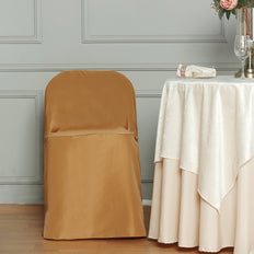 Gold Polyester Folding Round Chair Covers, Reusable or 1x Use Stain Resistant Chair Covers