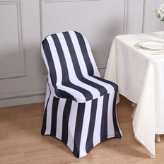 Black & White 2inch Striped Spandex Stretch Fitted Folding Chair Cover With Foot Pockets - 160GSM
