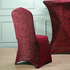 Burgundy Spandex Stretch Banquet Chair Cover, Fitted with Metallic Glittering Back