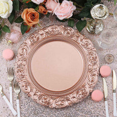 6 Pack | 14inch Metallic Rose Gold Round Acrylic Plastic Charger Plates With Engraved Baroque Rim