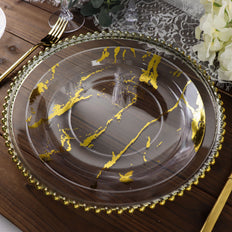 10 Pack | Clear & Gold Marble Print 10Inch Plastic Dinner Party Plates, Disposable Plates
