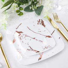 10 Pack | White/Rose Gold Marble 6inch Square Plastic Appetizer Dessert Plates