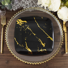 10 Pack | Black/Gold Marble 8inch Square Plastic Salad Plates, Disposable Party Plates