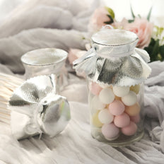 6 Pack | Metallic Silver 6inch Round Lame Fabric Party Favor Jar Covers DIY With Satin Tie String