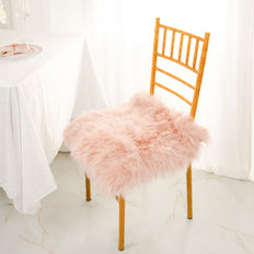 Soft Dusty Rose Faux Sheepskin Fur Chair Cushion, Shag Seat Pad Cover, Small Square Area Rug
