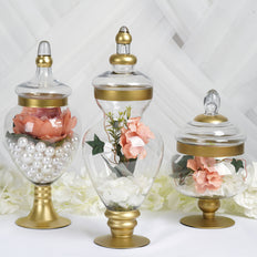 Set of 3 Gold Trimmed Glass Apothecary Candy Jars With Lids -10"/14"/16"