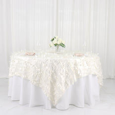 90inch x 90inch Ivory Leaf Petal Taffeta Table Overlay, Square Tablecloth Topper
