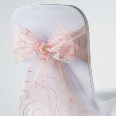 5 PCS | 7 Inch x 108 Inch | Dusty Rose Embroidered Organza Chair Sashes | TableclothsFactory