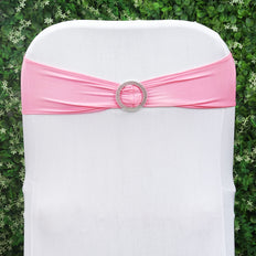 5 pack | 5"x14" Pink Spandex Stretch Chair Sash with Silver Diamond Ring Slide Buckle