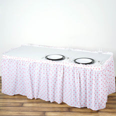 14FT 10 Mil Thick | Polka Dots Pleated Plastic Table Skirts - Disposable Table Skirt Spill Proof - White/Pink