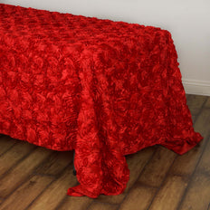 90"x132" RED Wholesale Grandiose Rosette 3D Satin Tablecloth For Wedding Party Event Decoration