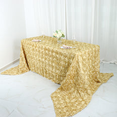 90" x 156" Champagne Grandiose Rosette 3D Satin Rectangle Tablecloth