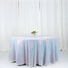 132inch Iridescent Blue Premium Sequin Round Tablecloth, Sparkly Tablecloth