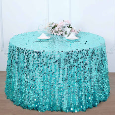 120 Inch | Big Payette Turquoise Sequin Round Tablecloth Premium Collection | TableclothsFactory
