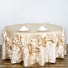 132" Champagne Large Rosette Round Lamour Satin Tablecloth