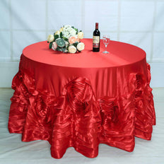 132" Red Large Rosette Round Lamour Satin Tablecloth