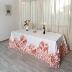 90"x132" White|Blush Large Rosette Rectangular Lamour Satin Tablecloth