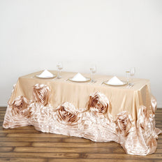 90"x156" Champagne Large Rosette Rectangular Lamour Satin Tablecloth