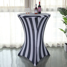 Black & White Striped Spandex Stretch Fitted Cocktail Tablecloth - 160GSM Premium Spandex