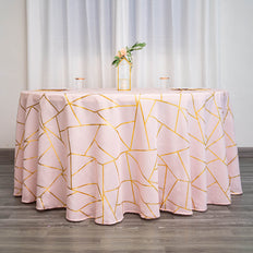 120inch Blush/Rose Gold Round Polyester Tablecloth With Gold Foil Geometric Pattern