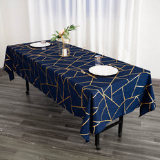 60inch x 102inch Navy Blue Rectangle Polyester Tablecloth With Gold Foil Geometric Pattern