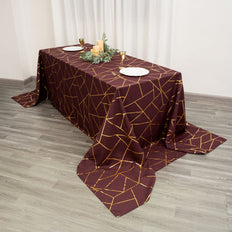 90inch x 156inch Burgundy Rectangle Polyester Tablecloth With Gold Foil Geometric Pattern